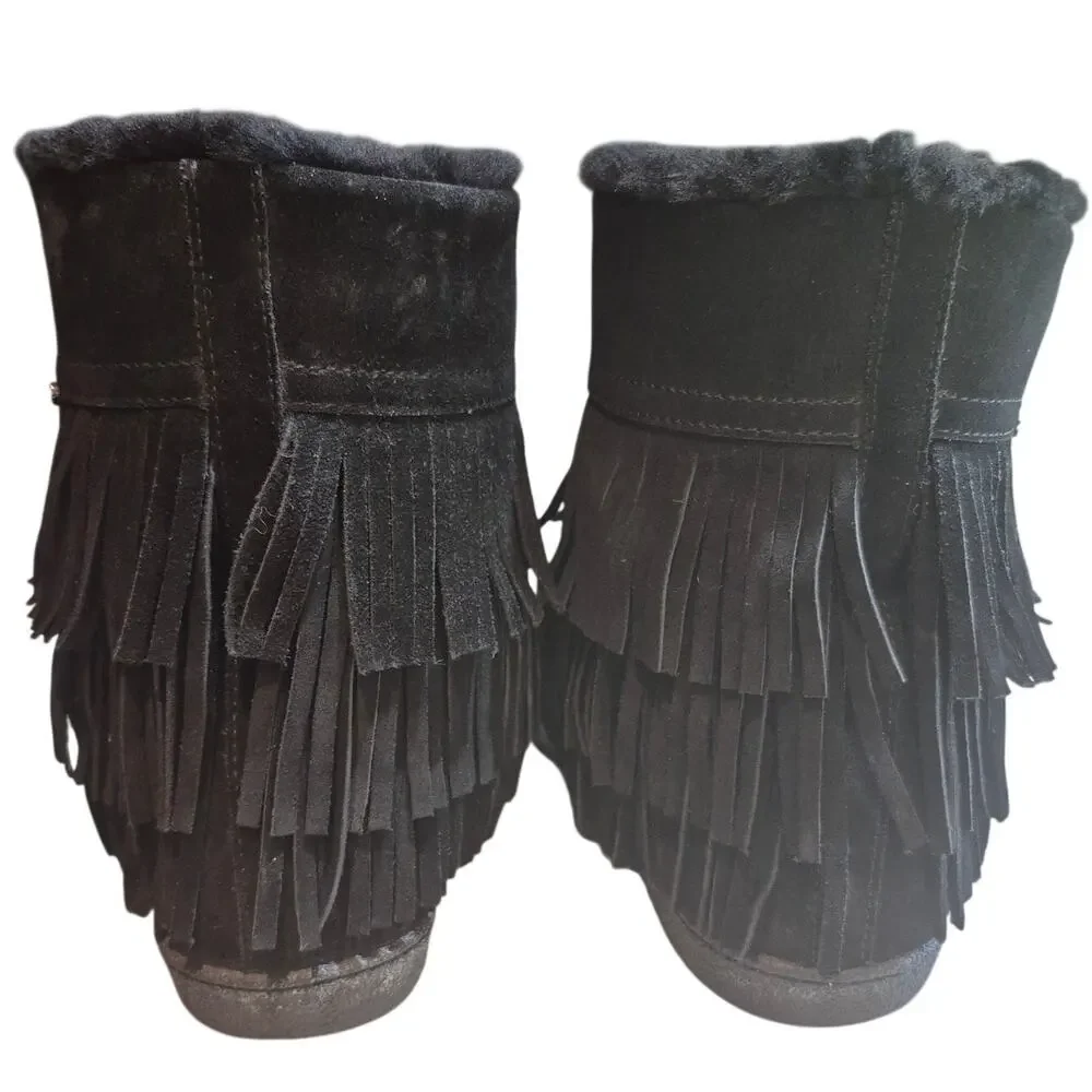 Tory Burch Collins Black Suede Leather Fringe Lambswool Ankle Boots Shoes 9